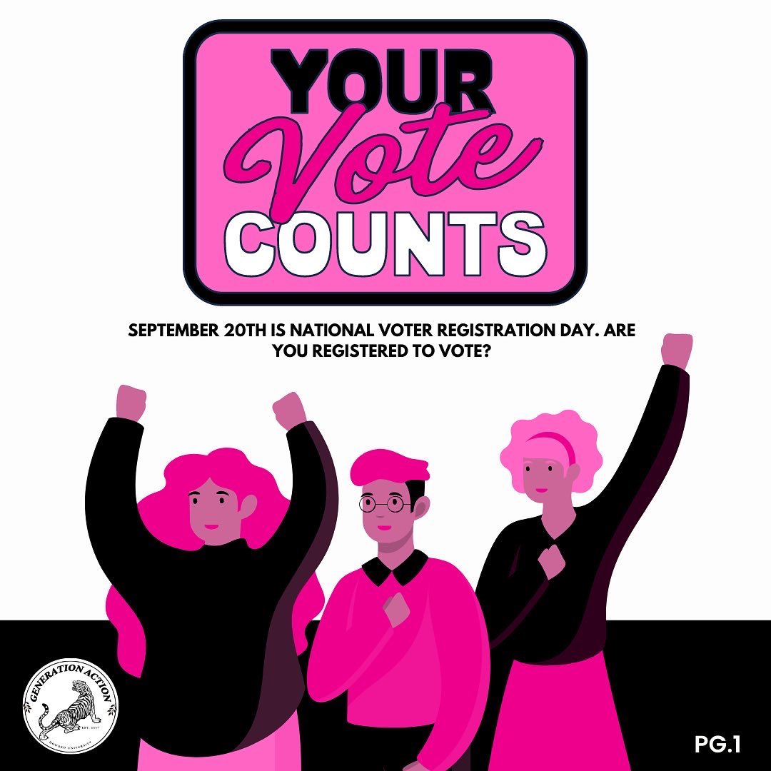 genactionHU's tweet photo. Today is National Voter Registration day! Generation Action at HU is committed to increasing the amount of registered voters within our community. Please visit the link in our bio to register to vote in your state. If you have any questions while registering, please DM us! 🖤 https://t.co/CLCjbTmrjl
