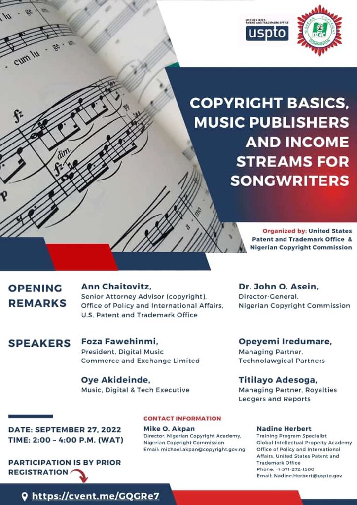 Add to your Calendar 

With <a href="/uspto/">USPTO</a> and <a href="/copyrightngr/">NCC - Copyright Nigeria</a>