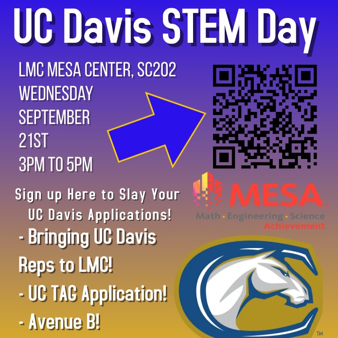 MESA_LMC's tweet photo. Tomorrow, UC Davis STEM Day will commence, with representatives from the school coming to campus and talking to you students about why UC Davis may be the right option for you, and how to make your application stand out! 
3pm to 5pm, September 21st, at the Pittsburg Campus! https://t.co/QmVWI2MckL