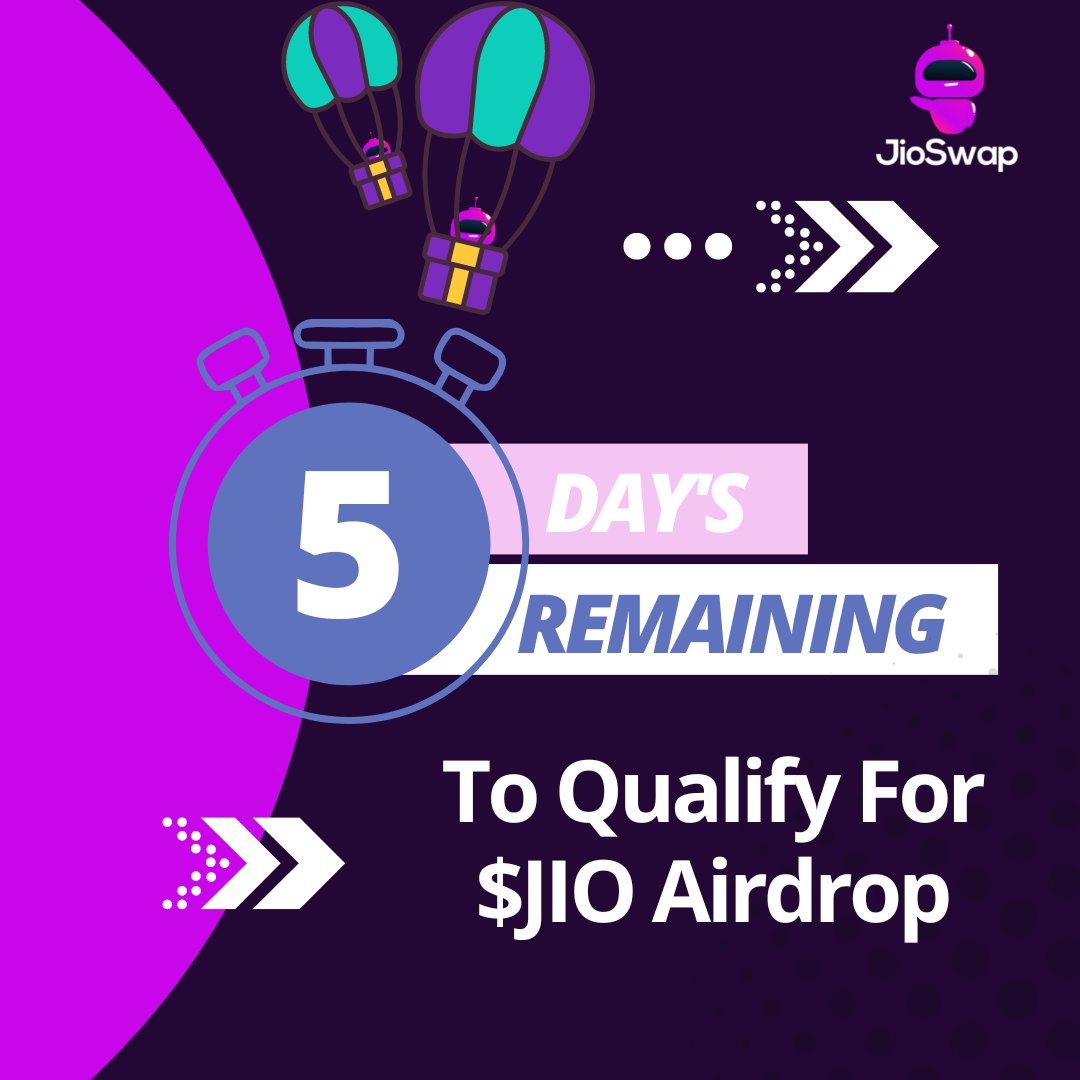 #Jioswap #Airdrops
interact with any of our smart contracts via swaps and or liquidity deposits prior to Sept 25th 2022 to qualify for $JIO Airdrop

#defi #crypto #airdrop #godwoken #meter_io #nervosnetwork