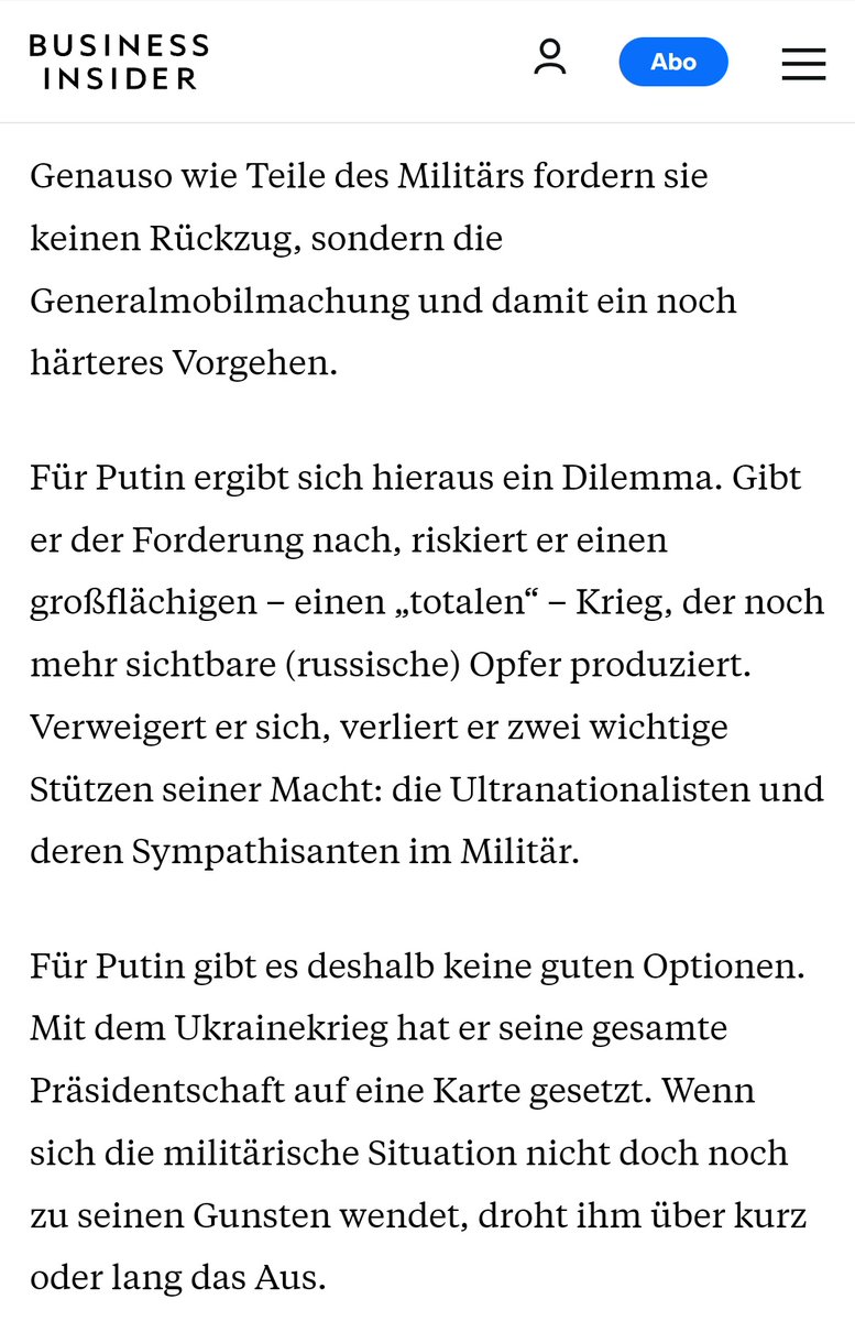 PeterRNeumann's tweet photo. Wie @dsagramoso und ich bereits vor einigen Tagen argumentiert haben: Mit der Mobilmachung, die jetzt offenbar kommt, setzt Putin alles auf eine Karte. Sein größtes Dilemma. Wenn der Erfolg ausbleibt, droht ihm das Aus. 👇 https://t.co/ptMzC1btm4 https://t.co/kI0BUImb4P