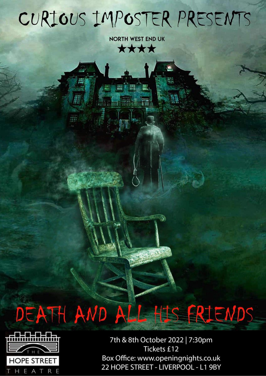 Only 18 days to go before we turn down the lights and welcome Death to <a href="/HopeStTheatre/">Hope Street Theatre</a> as part of <a href="/LiverFringe/">LiverpoolFringeFest</a>.  Tickets available below:  openingnights.co.uk/tickets/backen… #theatre #liverpool #play #scary #horror #tickets #fringe #actor