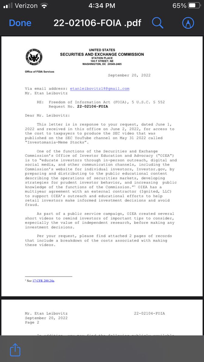 etanleibovitz18's tweet photo. The SEC finally responded to my FOIA application inquiring the cost to produce the InvestoMedia - Meme Stock video. See attachments … Retweet and share the news … looks like over $450,000 #AMC https://t.co/GGuDX43lyw