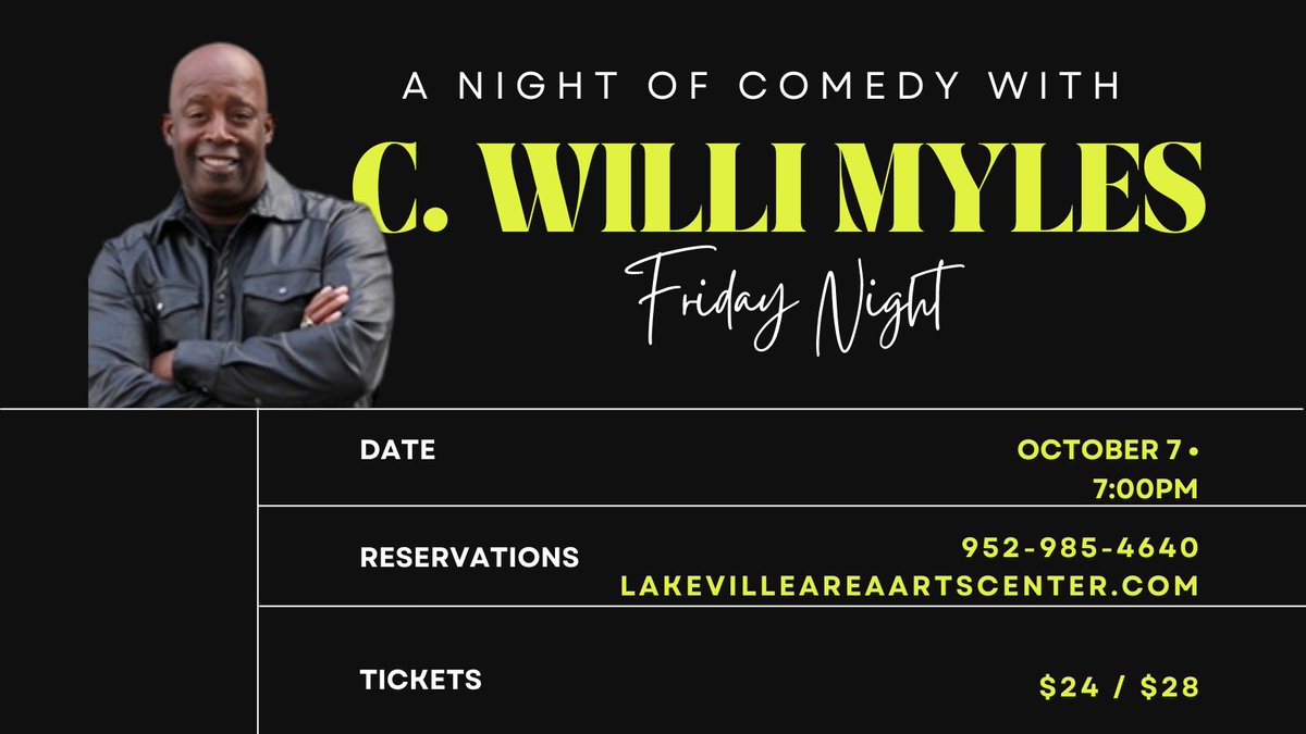 Need some laughter in your life? C. Willi Myles is coming to the <a href="/Lakeville_AAC/">LAAC</a> Arts Center on Oct 7. Growing up with 9 sisters &amp; a brother, his stories about acclimating to MN &amp; his down-to-earth style will show you that Willi is truly comedy at its best! lakevilleareaartscenter.com/1111/C-Willi-M…