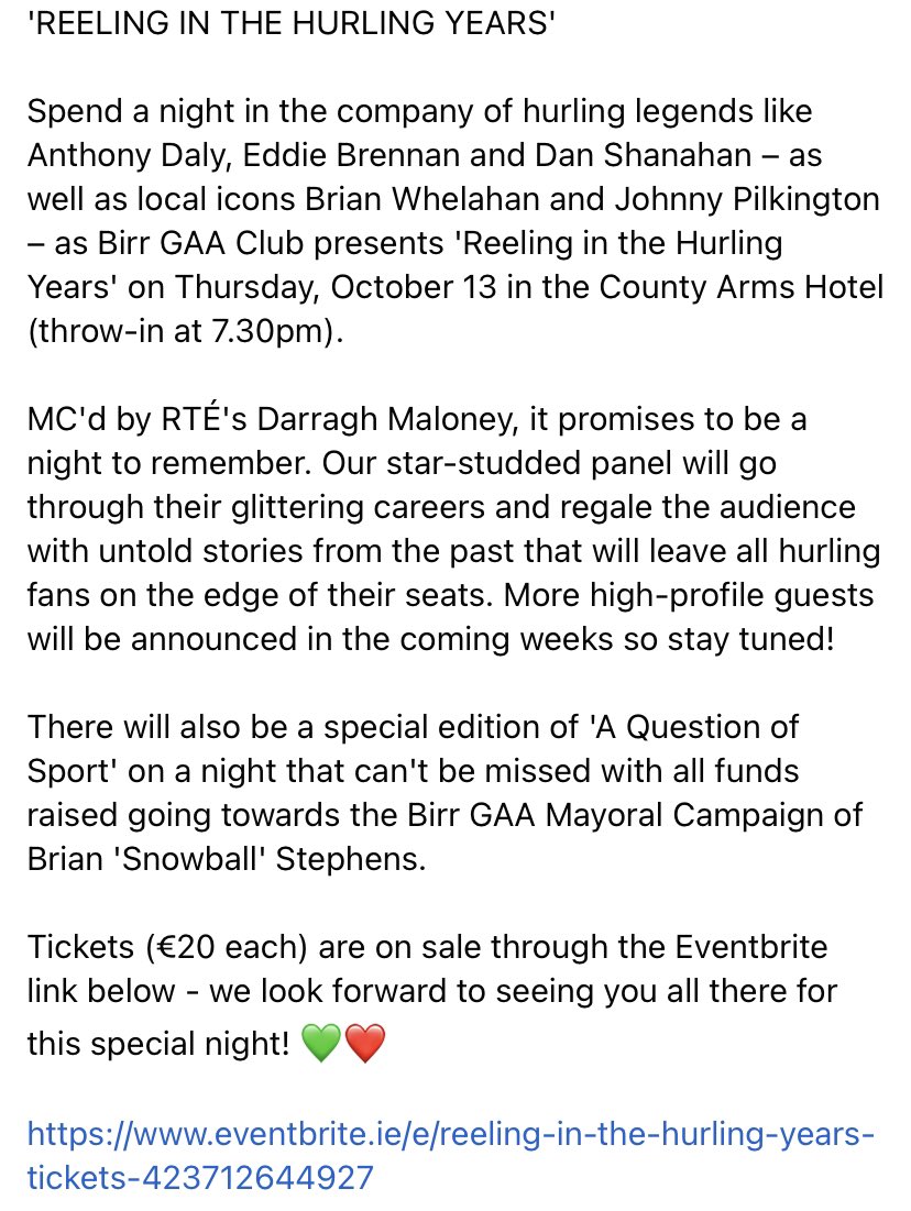 'REELING IN THE HURLING YEARS'

Spend a night in the company of hurling legends like Anthony Daly, <a href="/NedzerB13/">Eddie Brennan</a> and Dan Shanahan as Birr GAA presents 'Reeling in the Hurling Years' on Thursday, October 13 in the County Arms Hotel 💚❤️

Ticket link ⬇️⬇️

eventbrite.ie/e/reeling-in-t…