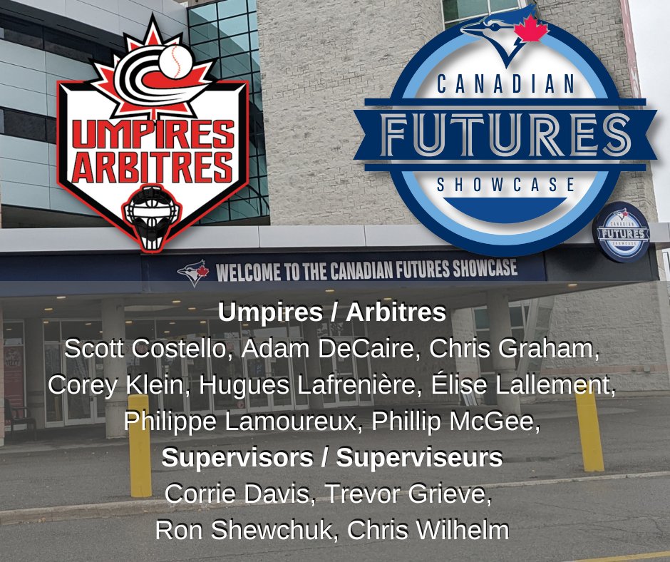 The Blue Jays are once again holding a Showcase and congratulations to the umpires in Ottawa for the Canadian Futures Showcase.
Les Blue Jays tiennent à nouveau un événement pour mettre en vitrine le talent canadien et félicitations aux arbitres à Ottawa pour le tournoi.