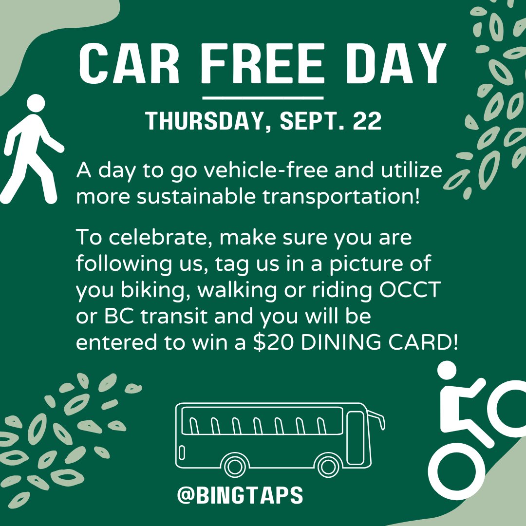BingTAPS's tweet photo. To celebrate Car Free Day, TAPS is offering a contest to all those who participate. Follow @bingTAPS on Instagram, take a picture of yourself biking, walking or riding OCCT or BC Transit and tag TAPS in your picture to be entered for a chance to win a $20 dining card. https://t.co/AARUftSy3m