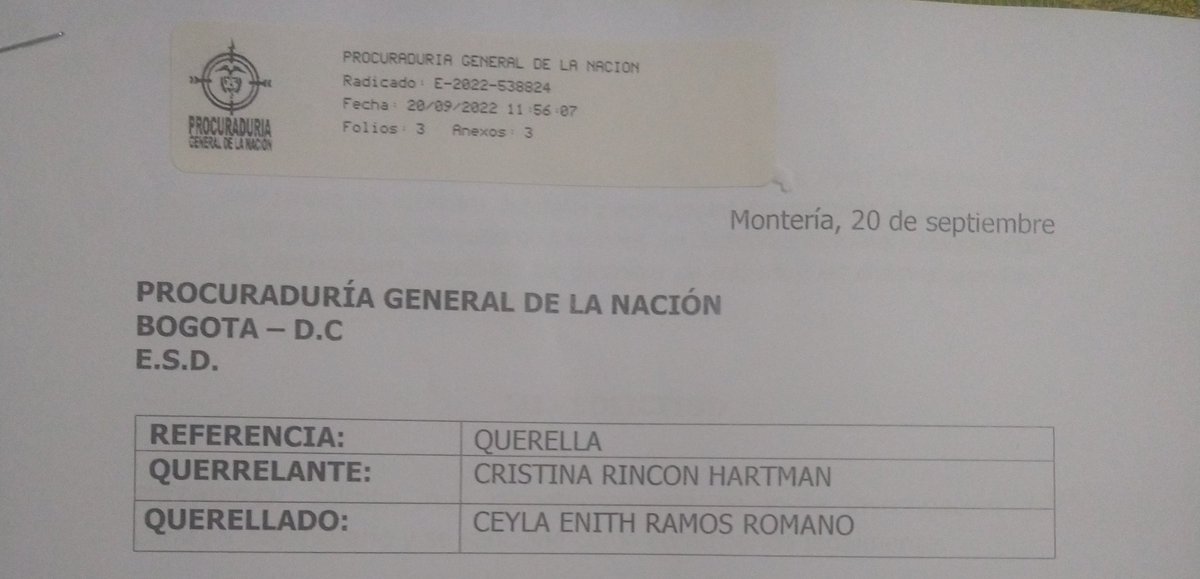 CristyRinconHar's tweet photo. SRA PROCURADORA MARGARITA CABELLO Y @PGN_COL SOLICITÓ Q LA QUERELLA REALIZADA X MI HOY VIA ONLINE BOGOTÁ Y MONTERIA CONTRA LA PROCURADORA REGIONAL YISSELA ACOSTA, GERENTE @CGR_Colombia @ceylaramos Y EL GOBERNADOR @orlandobenitezm LA INVESTIGEN USTEDES NO HAY GARANTÍAS EN CÓRDOBA https://t.co/iLMa2x80iQ