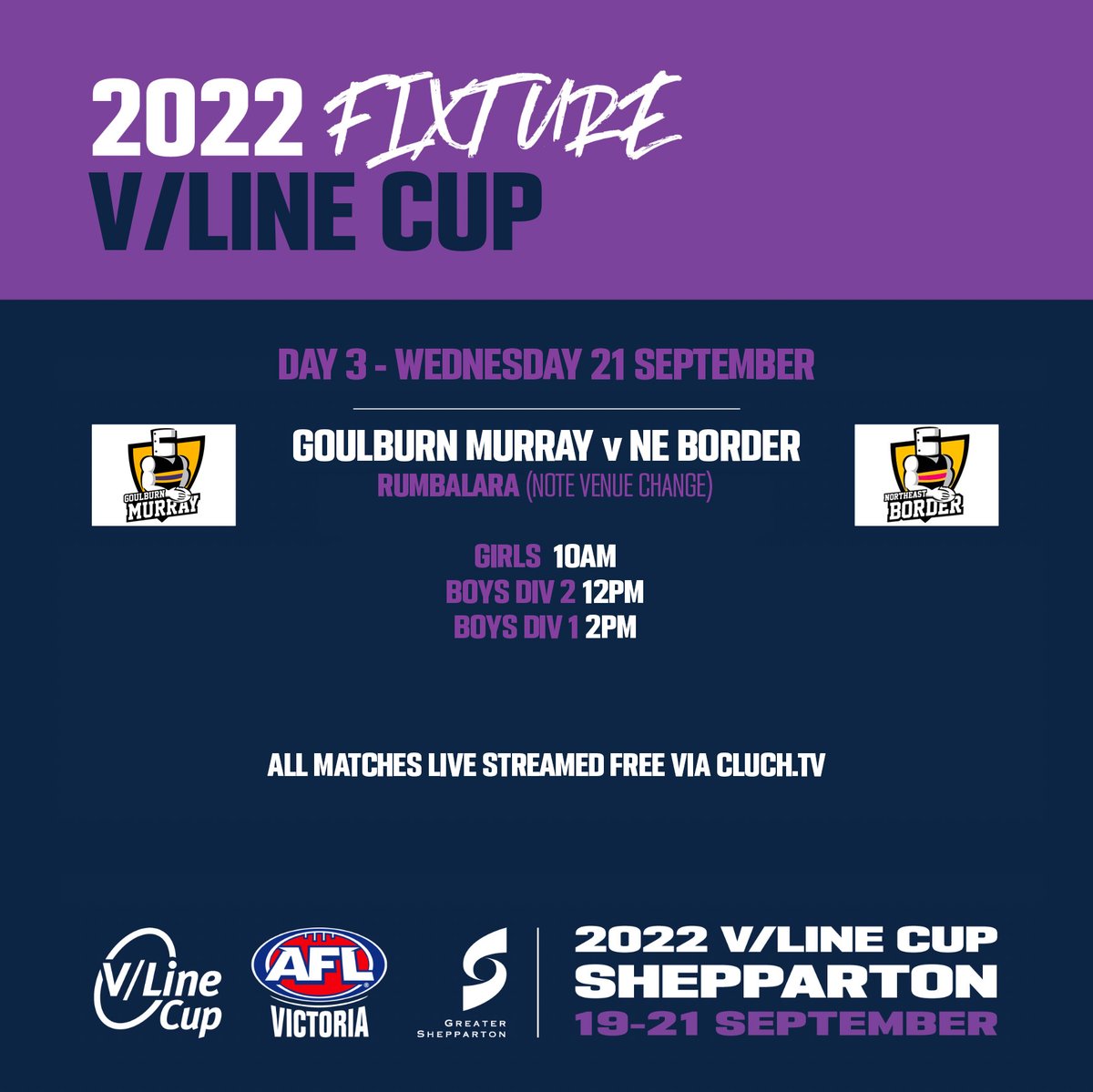 aflvic's tweet photo. The 2022 #VlineCup concludes on Wed 21 Sep at Rumbalara.
Watch all matches live streamed free: https://t.co/DBEcJrzWi1 https://t.co/16rZ8evSSu