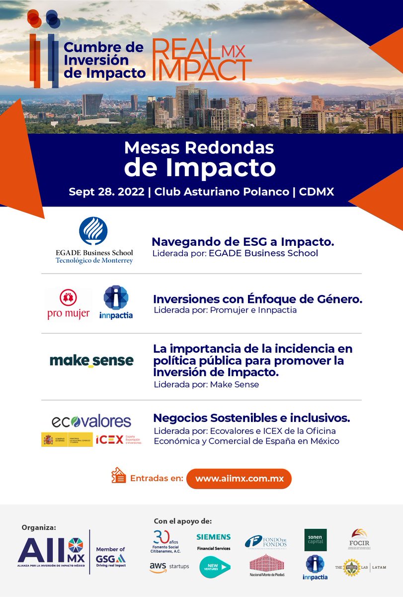 Presentamos las Mesas Redondas de Impacto, que harán parte de la agenda del próximo 28 de septiembre.
Conozca la agenda y separe su cupo en: aiimx.com.mx/cumbre-de-inve…
#Inversiondeimpacto #impactinvestment #RealImpactMX