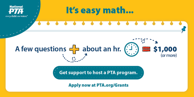 One week left to apply for over $600K in funding National PTA is offering to help host programs for families in the areas of digital safety, STEM, literacy, healthy lifestyles &amp; the arts. Visit PTA.org/Grants to apply by Tuesday, Sept. 27 at 5 p.m. EDT.