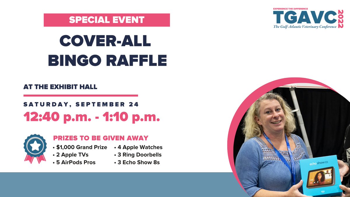 TGAVConference's tweet photo. Win prizes just by spending time with exhibitors at #TGVC2022. Don't miss your chance to win $1,000, an Apple Watch and more. Complete your bingo card by getting stamps at participating exhibitor booths and submit it by 12:30 p.m. at the FVMA membership booth for a chance to win! https://t.co/pYRUGIQLXq