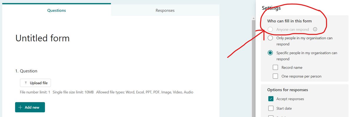 KMANOW10's tweet photo. @MicrosoftForms  Hi team I need to have this option for external people can you help 
cc @mtholfsen https://t.co/J3UlUEkYpW