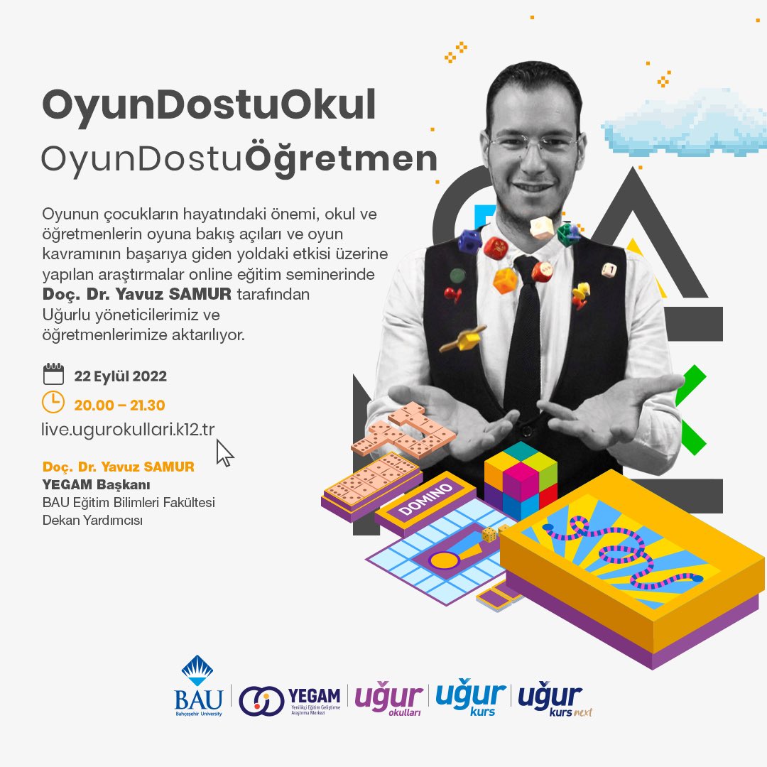 Kalıcı öğrenme için, eğitim içeriklerini ilgi çekici ve eğlenceli hale getirmek gerekiyor. Bunun için en iyi yol, oyunlaştırılmış bir eğitim planı. 

Peki, #OyunDostuOkul ve
 #OyunDostuÖğretmen ne yapmalı? Doç. Dr. <a href="/YavuzSamur/">Yavuz Samur</a> ’dan dinleyeceğiz!

🔊 live.ugurokullari.k12.tr