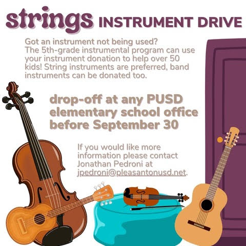 DonlonPTA's tweet photo. The 5th-grade instrumental program can use your instrument donation to help over 50 kids! 
Drop-off at any PUSD elementary school office before September 30.
More information? Please contact Jonathan Pedroni at jpedroni@pleasantonusd.net https://t.co/q85RC1gIiA