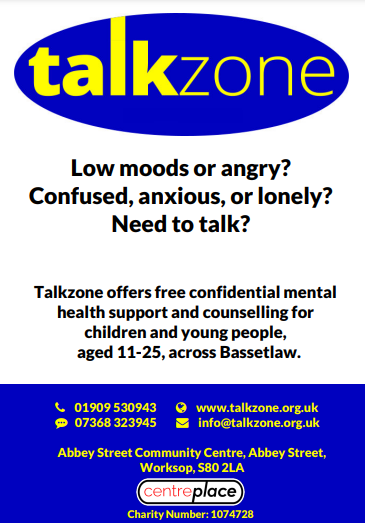 learning_ea's tweet image. We are pleased to share information about Talkzone which offers mental health and wellbeing support at The Centre Place in Worksop. Their service is available to all young people over the age of 11!