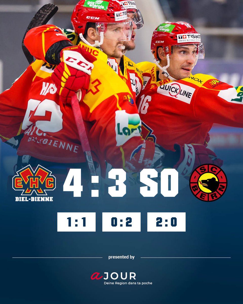 Biel gewinnt gegen den SCB nach Penaltyschiessen 4:3.
Goals: Olofsson (2x), Maillard
Penalty: Brunner &amp; Rathgeb

#ehcbielbienne #icicestbienne #rougeetjaune #ehcbiel