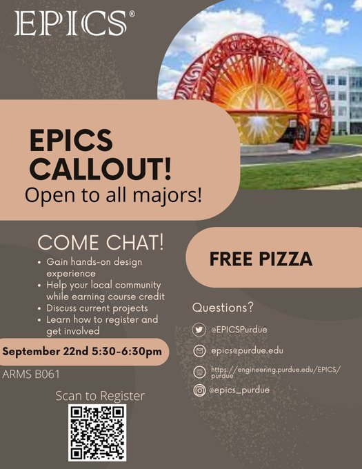 EPICSPurdue's tweet photo. Come see us tomorrow at the Engineering Fountain tomorrow Sept, 21 from 10am - 2 pm to learn about EPICS and get FREE INSOMNIA COOKIES!  

Can't make it? Attend our callout Thursday evening for more info! https://t.co/B0SpJoKHx5