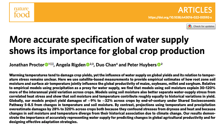 Should I use soil moisture or precipitation to characterize water stress in my statistical crop yield model? Jon Proctor led a global analysis showing the answer is clear... soil moisture. 
Read it: rdcu.be/cVYtT
Nice write up: phys.org/news/2022-09-c…