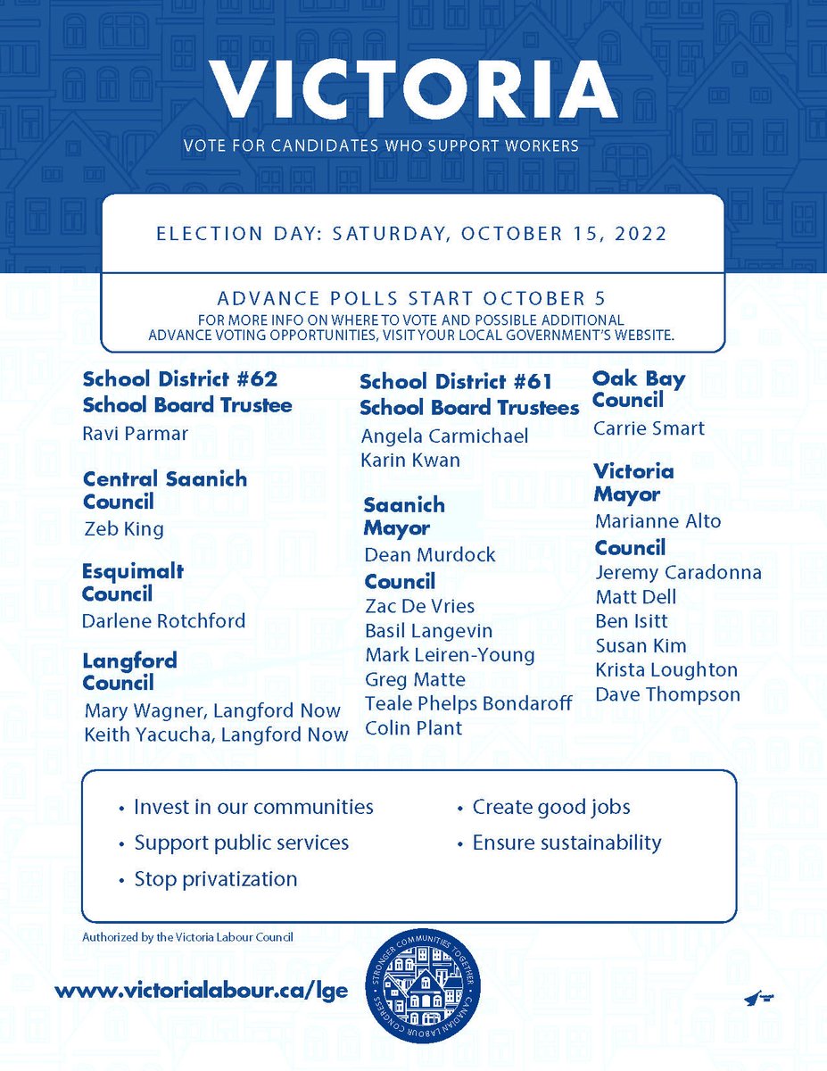 USWDistrict3's tweet photo. The B.C. municipal elections will be held on Saturday, October 15, 2022. Advance polls start October 5.
In Victoria, Nanaimo, North Cowichan, Duncan, Courtenay, Campbell River and Comox, vote for candidates who support workers.
#WorkersVote #SteelworkersVote https://t.co/5a1shjjbpC