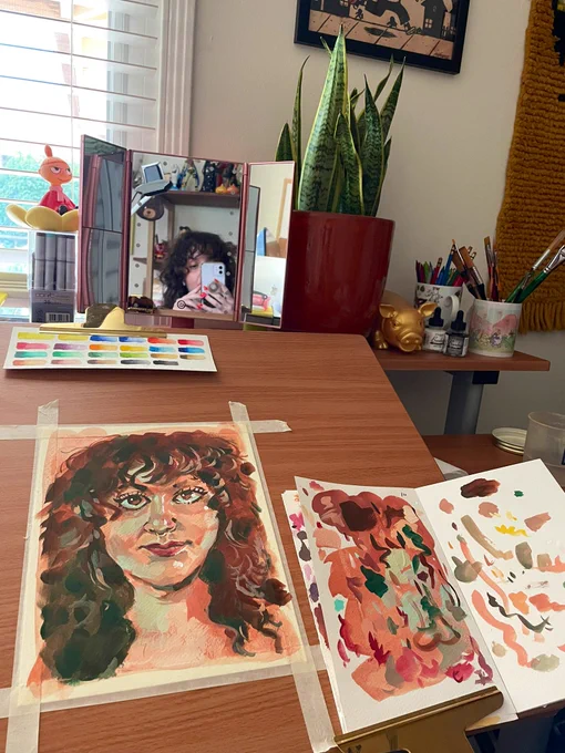 Gouache practice, self portrait. "This is the face you make when I know you're not listening anymore." - 