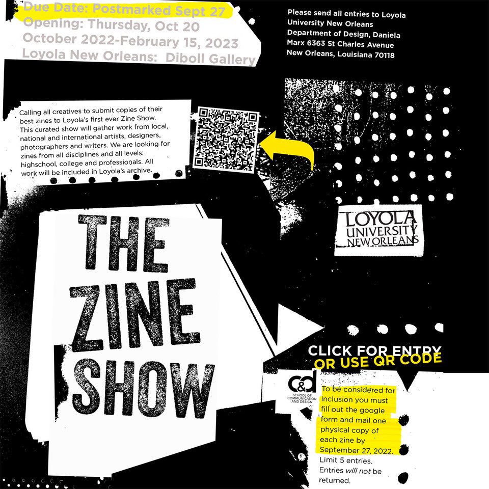 LoynoSCD's tweet photo. Calling all creatives! ๐งโ๐จ We are ONE MONTH away from The Zine Show. Make sure to submit copies of your best zines to Loyolaโs Department of Design by September 27th! #SCDNextLevel https://t.co/GBs1M1dyv6