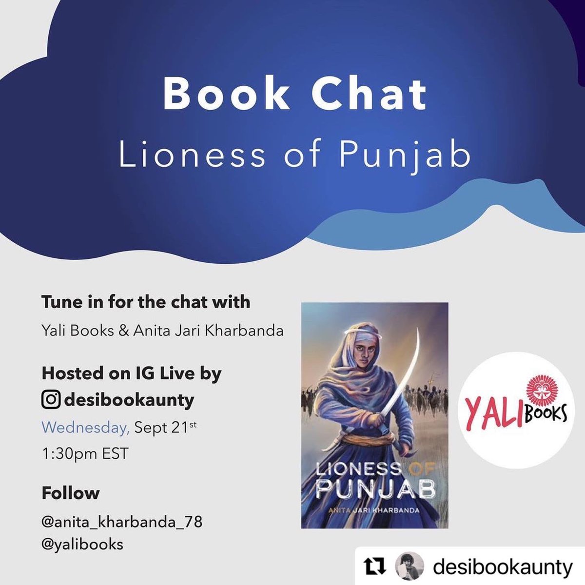 YaliBooks's tweet image. Join @jarianita and @AmbikaSam tomorrow as they chat with @gayatrisethi (Desi Book Aunty) about the making of LIONESS OF PUNJAB. We are overwhelmed by Dr. Sethi’s support for the book. Read her beautiful words 👉🏽

When: September 21, 1:30 PM EST
Where: IG Live @desibookaunty