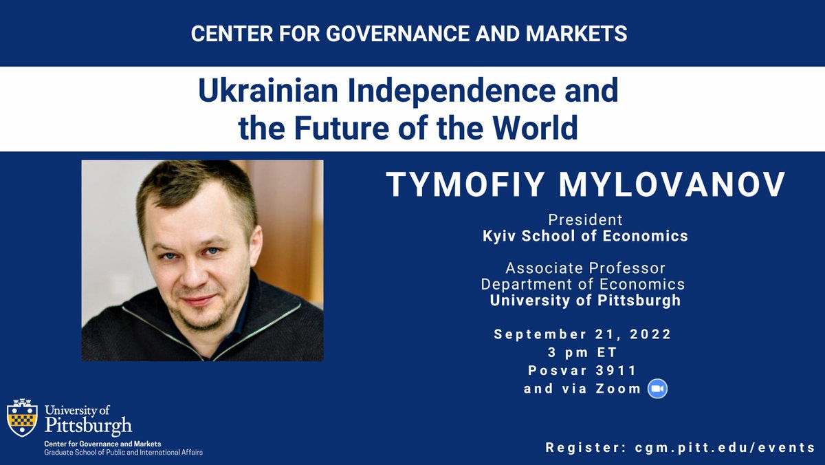 🚨Wednesday 3pm ET: President of @kse_ua and  @PittEcon Professor Tymofiy @Mylovanov will discuss the war in Ukraine and the role his university has played in humanitarian efforts. 🇺🇦

🗺️3911 Wesley W. Posvar Hall
⏰3pm ET
Zoom Registration: pitt.zoom.us/meeting/regist…