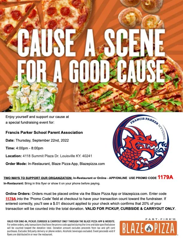 francisparkerky's tweet photo. Join the Francis Parker Parent Association at Blaze Pizza (Summit Plaza Drive Location) this Thursday, September 22nd, from 4:00 - 8:00pm. Get dinner for your family and 20% of your ticket price will support the Parent Association! Win, win. Go, Wyverns! https://t.co/xbSuWTc22z