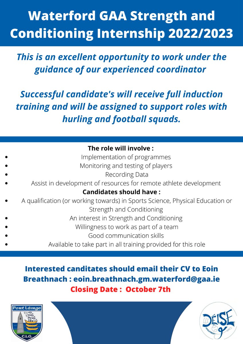 Waterford GAA are inviting applications for Athletic Development internships for the 2022/2023 season.