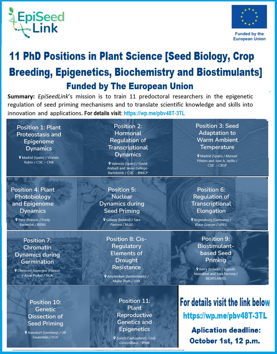 agristok's tweet photo. 📌 11 PhD Positions in Plant Science🌱🧬 [Seed Biology, Crop Breeding, Epigenetics, Biochemistry and Biostimulants] Funded by The European Union 🇪🇺... Please Retweet and spread the word! For details visit the link below👉 https://t.co/Hh54H8CUFP https://t.co/Ym8ByR4SPV