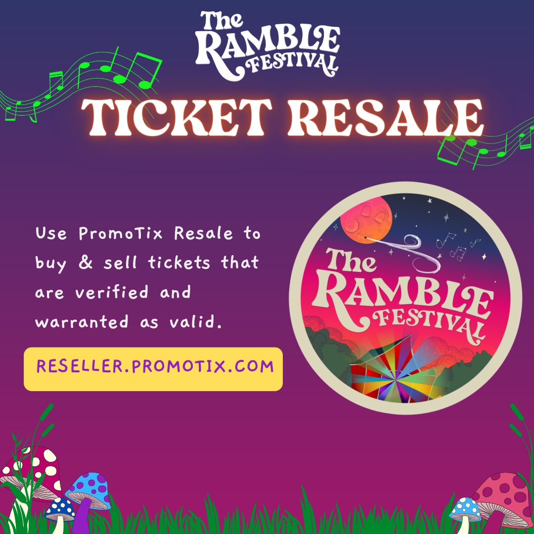 We teamed up with our ticketing partner PromoTix to provide you the only Ramble Festival official ticket reseller platform. Using the 
<a href="/promotixapp/">PromoTix</a> platform ensures that tickets sold on the platform are verified and warranted by PromoTix as being valid.
reseller.promotix.com