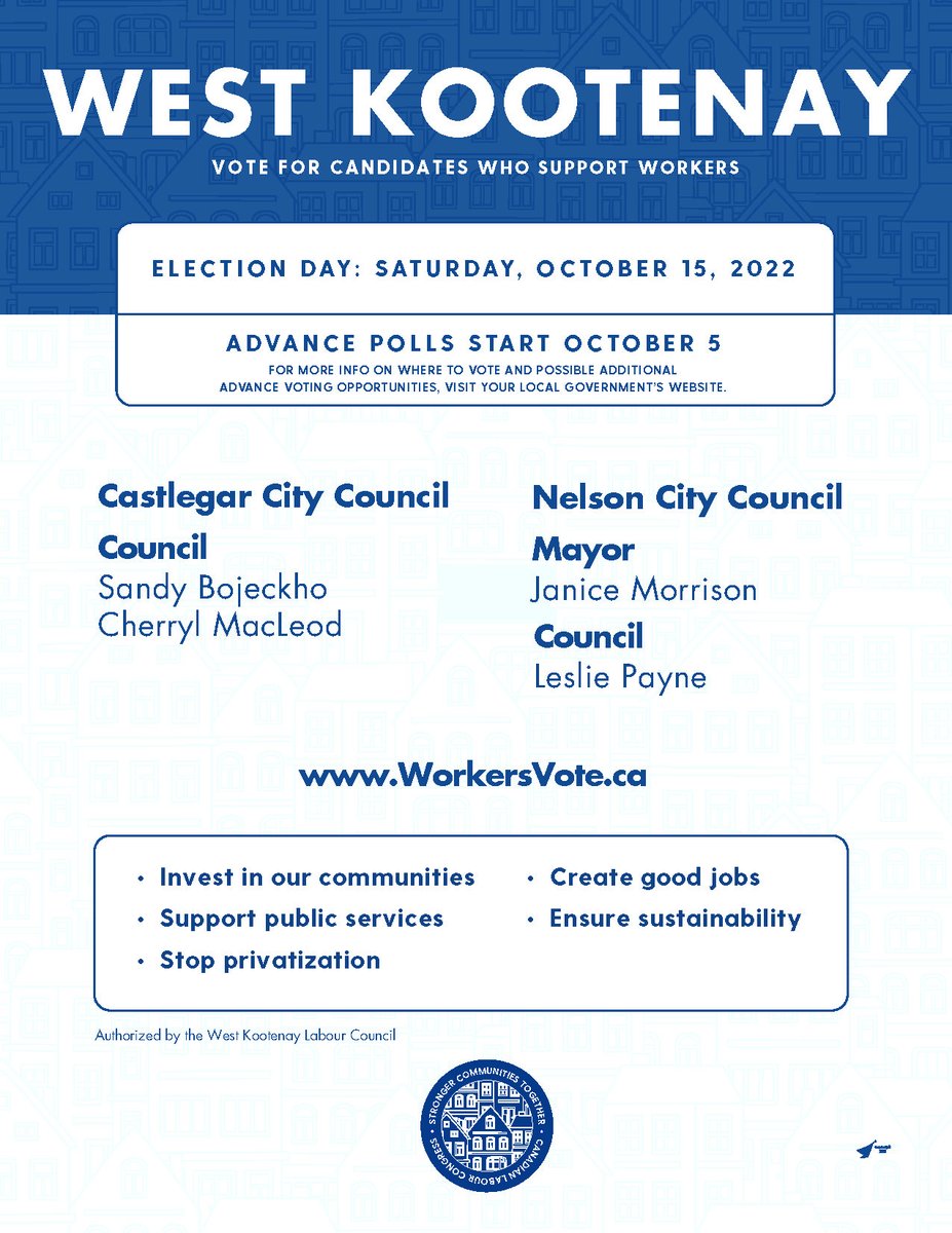 USWDistrict3's tweet photo. The B.C. municipal elections will be held on Saturday, October 15. Advance polls start October 5.
In the West and East Kootenays, vote for candidates who support workers.
#WorkersVote #SteelworkersVote https://t.co/krnjigE4rk