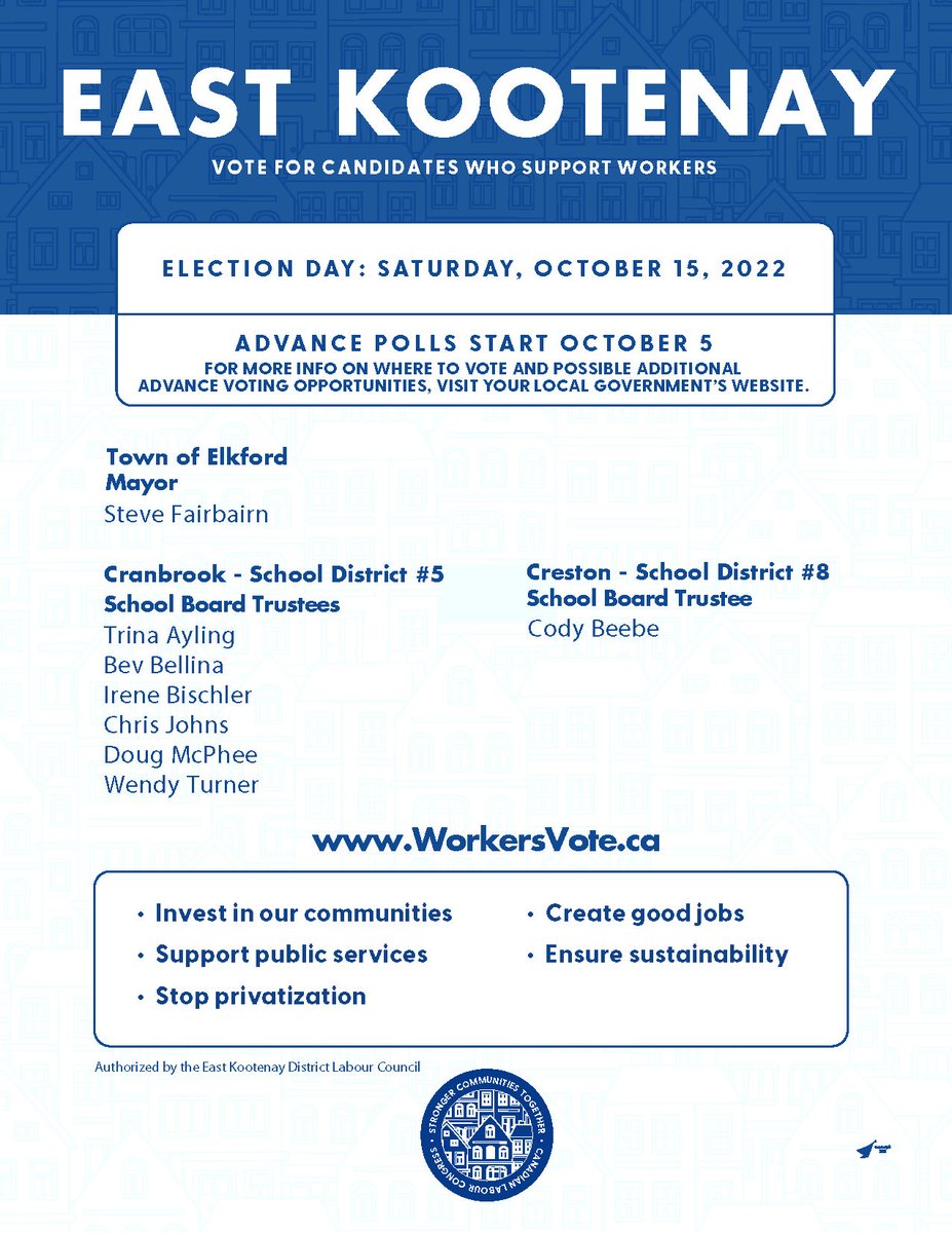 USWDistrict3's tweet photo. The B.C. municipal elections will be held on Saturday, October 15. Advance polls start October 5.
In the West and East Kootenays, vote for candidates who support workers.
#WorkersVote #SteelworkersVote https://t.co/krnjigE4rk