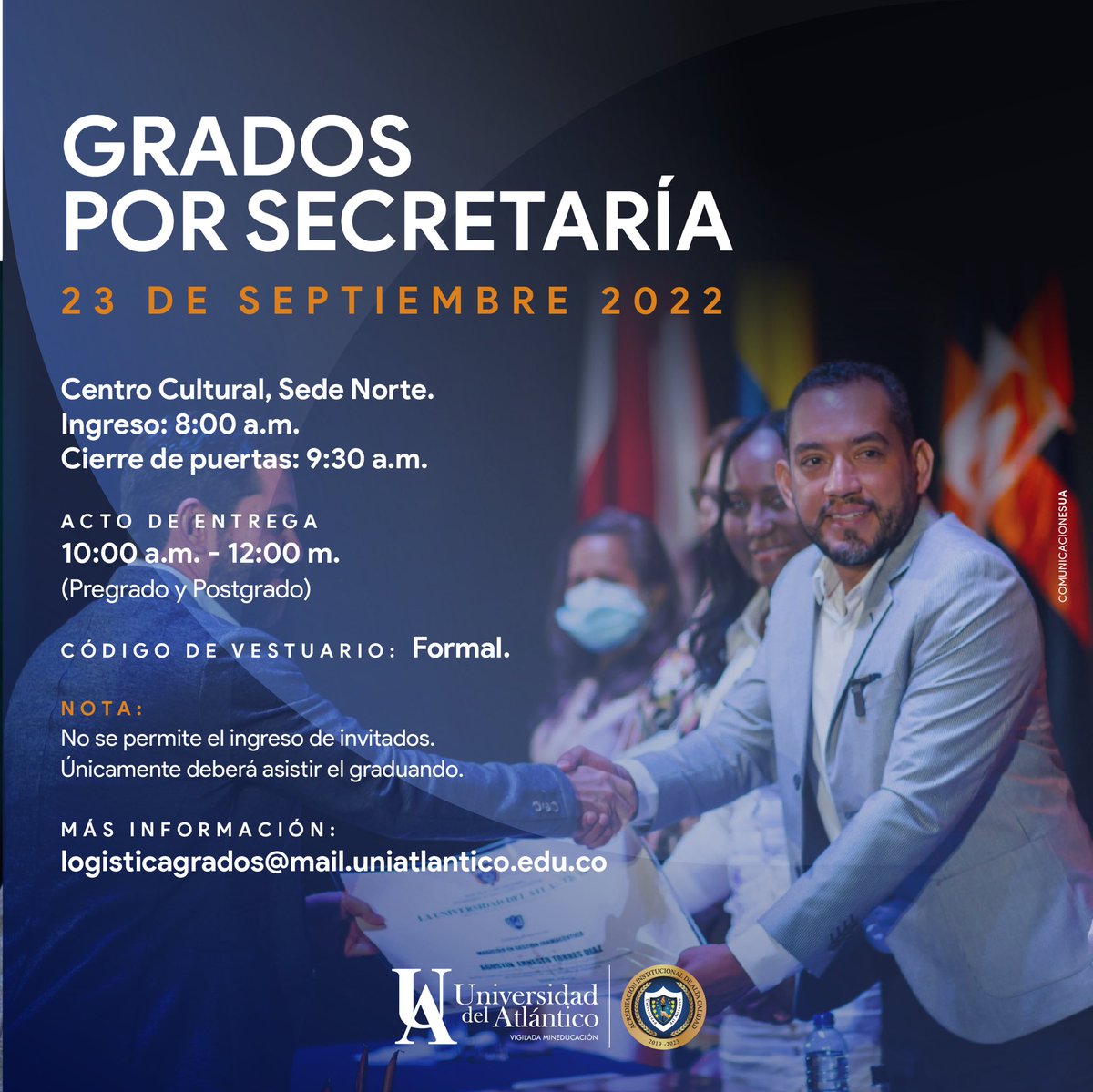 udeatlantico's tweet photo. 🎓👨🏻🎓👩🏽🎓 | #GradosUA por Secretaría
La entrega de títulos profesionales por secretaría para nuestros estudiantes, que han culminado sus estudios académicos, será este 23 de septiembre. ¡Los esperamos en el Centro Cultural de la universidad! https://t.co/rPourP3fhW