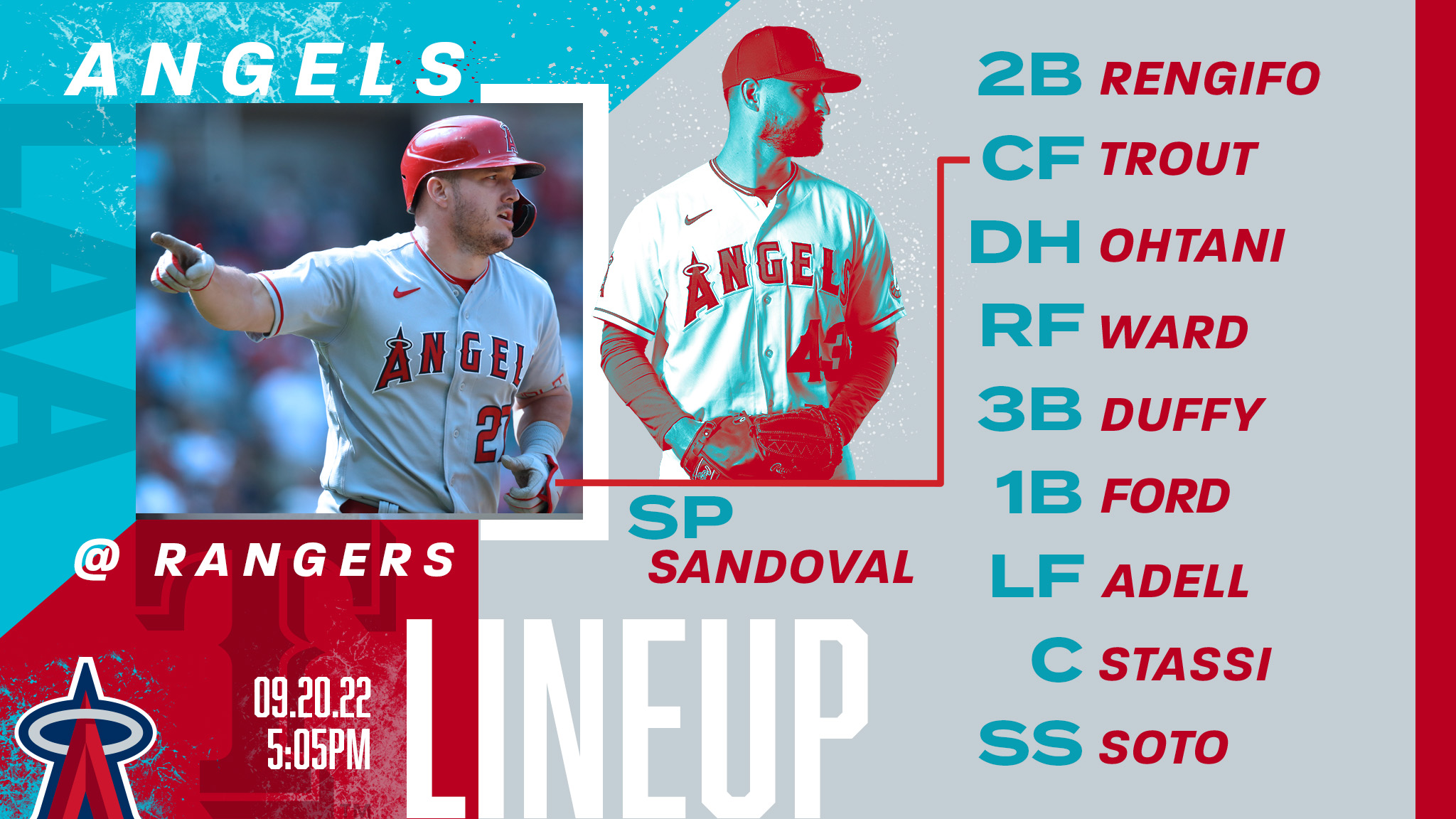 September 20 lineup: 2B Rengifo, CF Trout, DH Ohtani, RF Ward, 3B Duffy, 1B Ford, LF Adell, C Stassi, SS Soto, P Sandoval