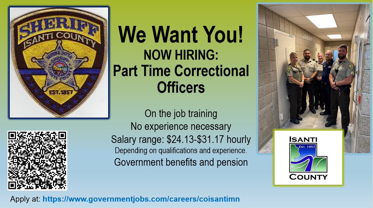 CountyIsanti's tweet photo. Do you know anyone who would be great on our @IsantiMNSheriff team? We are #hiring https://t.co/6dUefxK5zG