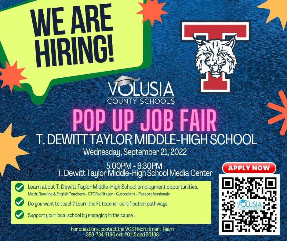 Mark your calendars 🗓And stop by tomorrow, Sept. 21 <a href="/TMHSWildcats/">Taylor Middle-High</a> School #JobFair from 5:00-6:30PM in the media center! Taylor M/H and  <a href="/volusiaschools/">Volusia County Schools</a> will be #HIRING on the spot! 

✅APPLY: bit.ly/3SoTguh