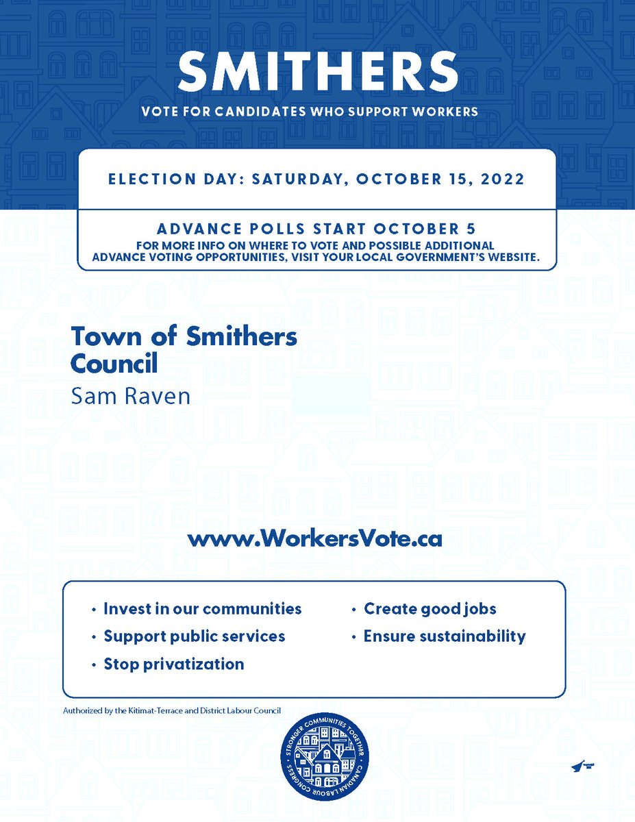 USWDistrict3's tweet photo. The B.C. municipal elections will be held on Saturday, October 15. Advance polls start October 5.
In Prince George and Smithers, vote for candidates who support workers.
#WorkersVote #SteelworkersVote https://t.co/igiPVzeUDZ