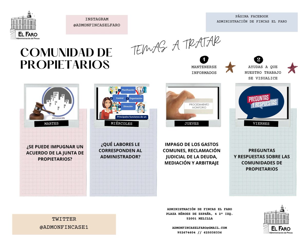 Temas a tratar esta semana en nuestro BLOG de Comunidades EL FARO
#administraciondefincas #vecinosinformados #melilla #blog #administradoresdefincascolegiados #leydepropiedadhorizontal #administradoresdefincas #españa #empresa #comunidaddepropietarios #seguros #seguroscomunidades
