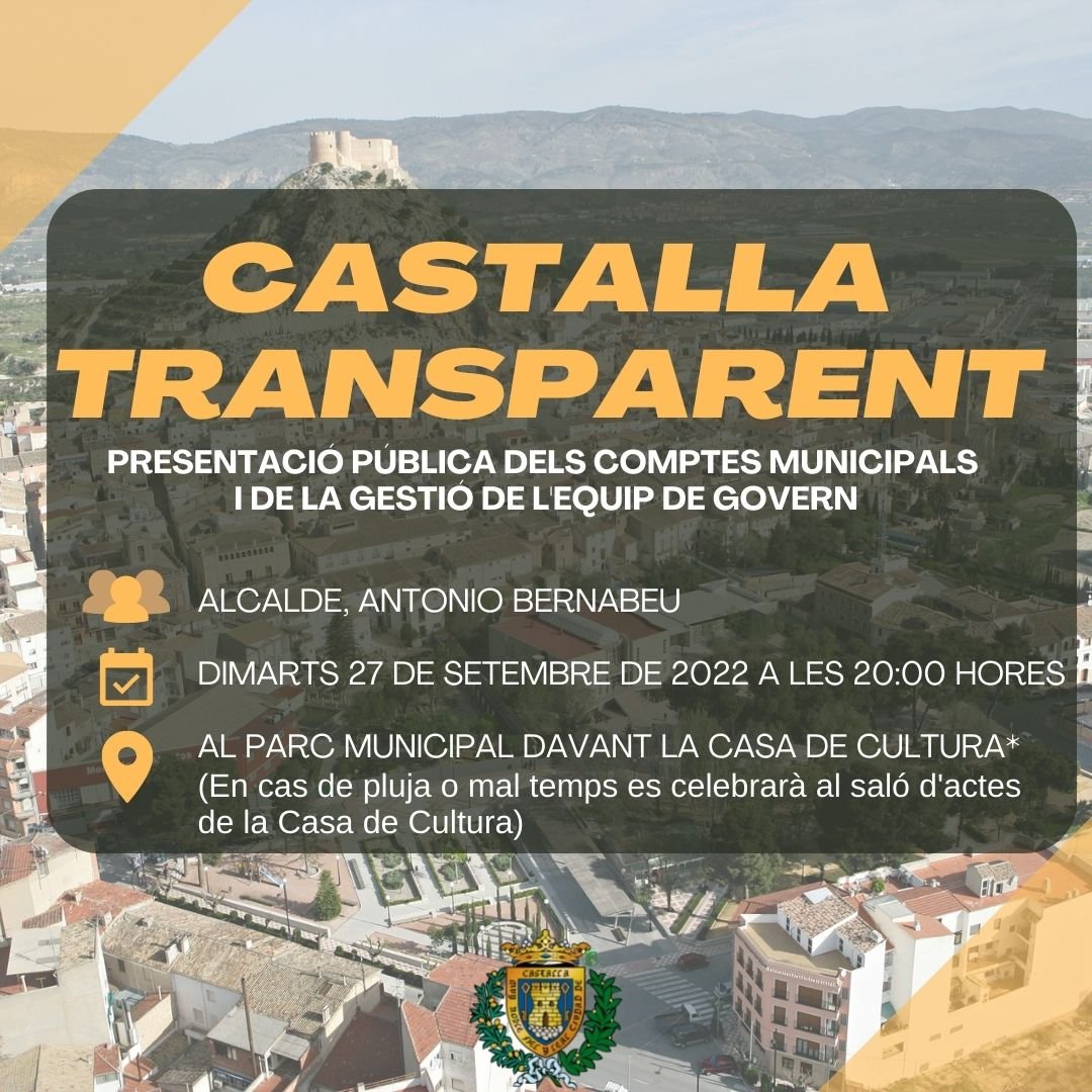 ✅ #CastallaTransparente es el ejercicio de presentación pública de las cuentas municipales y de la gestión del equipo de gobierno que el alcalde de Castalla, Antonio Bernabeu, va a hacer a la población local. 🗣️📣📊