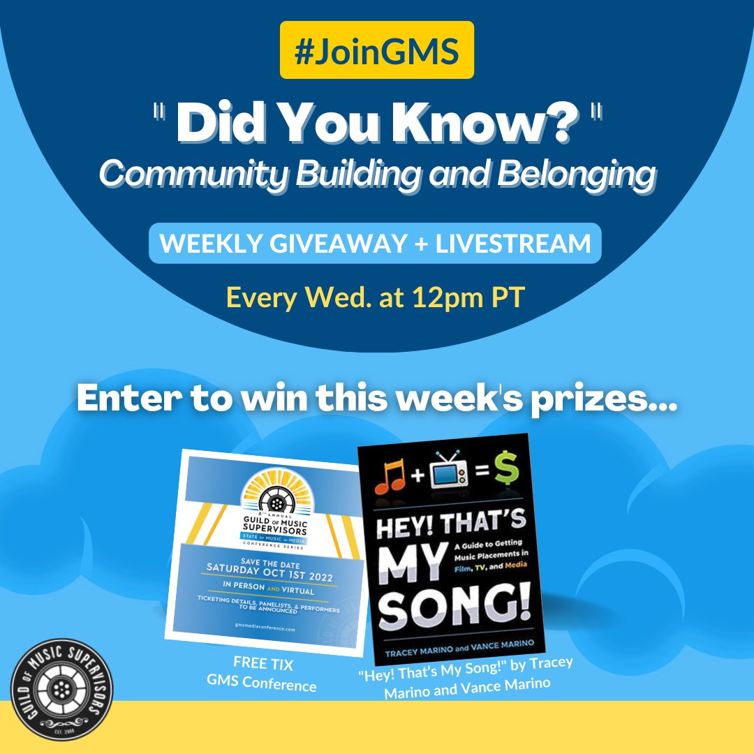 guildofmusic's tweet photo. Interested in winning a bestselling sync book or a FREE ticket to the #GMSConference?
#JoinGMS and enter to win this week's prizes by END OF DAY!
Enter HERE:
https://t.co/OVDkfjoBMz
Winners announced on IG Live tomorrow, 9/21 at 12pm PT!
https://t.co/8dAKIQpmd9 https://t.co/4n7I8bvvSU