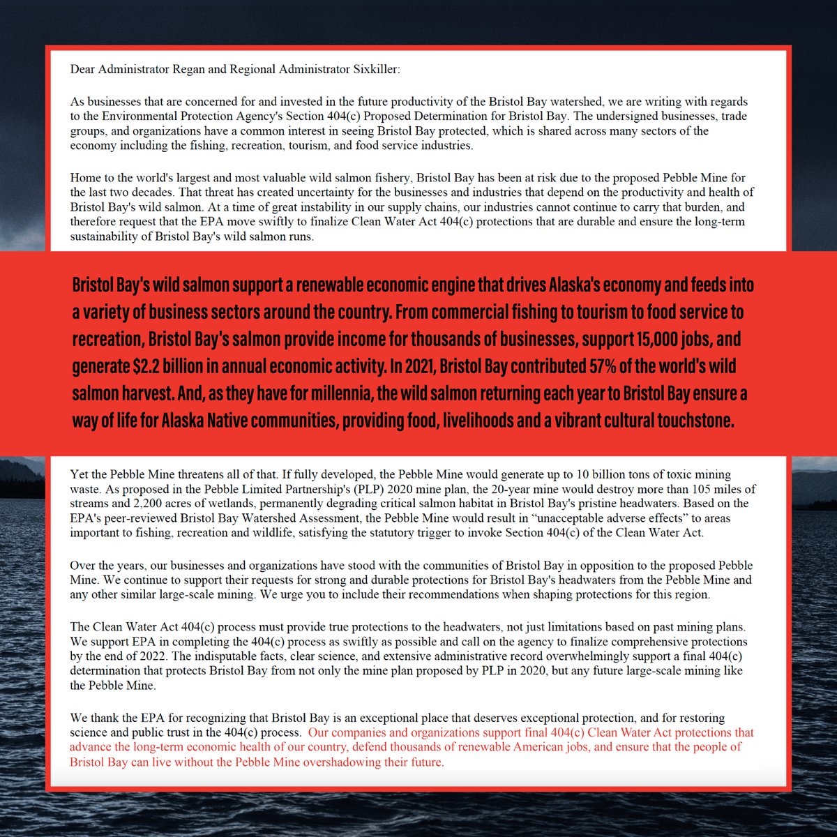 450+ businesses in the fishing, recreation, tourism, and food service industries all agree: The <a href="/EPA/">U.S. EPA</a> must finalize Clean Water Act protections for #BristolBay. bit.ly/b4bbEPA404c