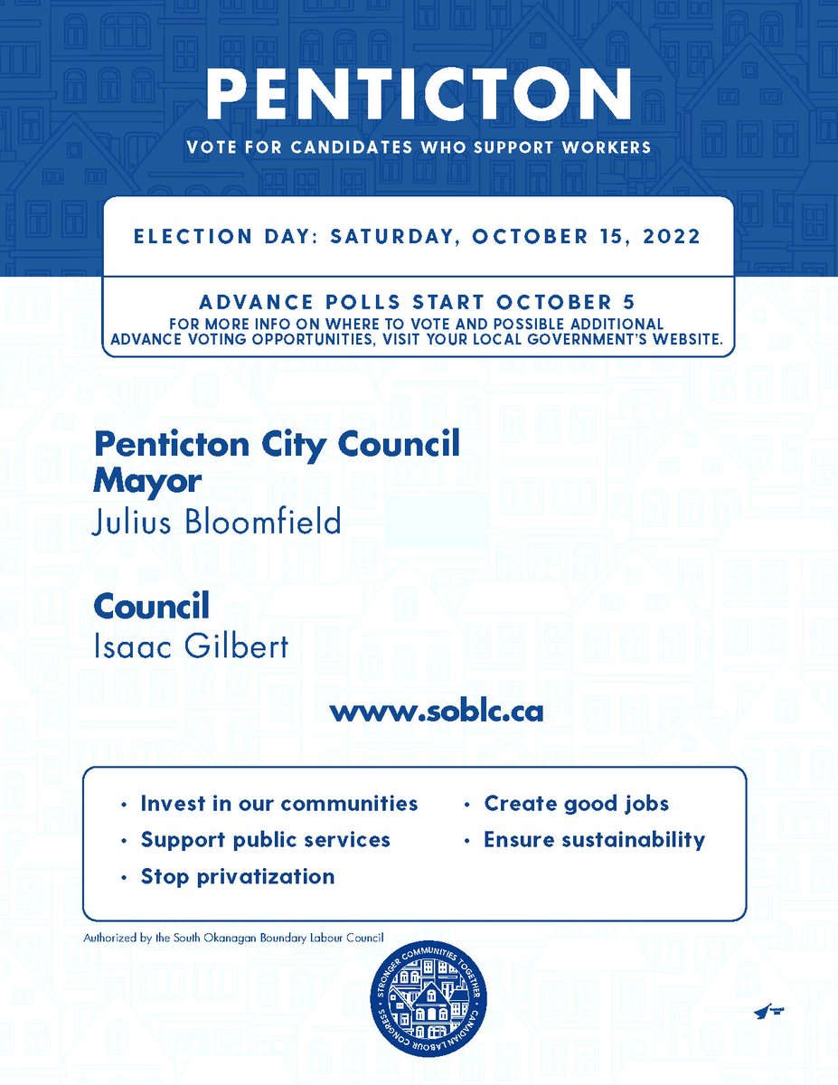 USWDistrict3's tweet photo. The B.C. municipal elections will be held on Saturday, October 15. Advance polls start October 5.
In the North Okanagan and Penticton, vote for candidates who support workers.
#WorkersVote #SteelworkersVote https://t.co/uVyfYJAWTi