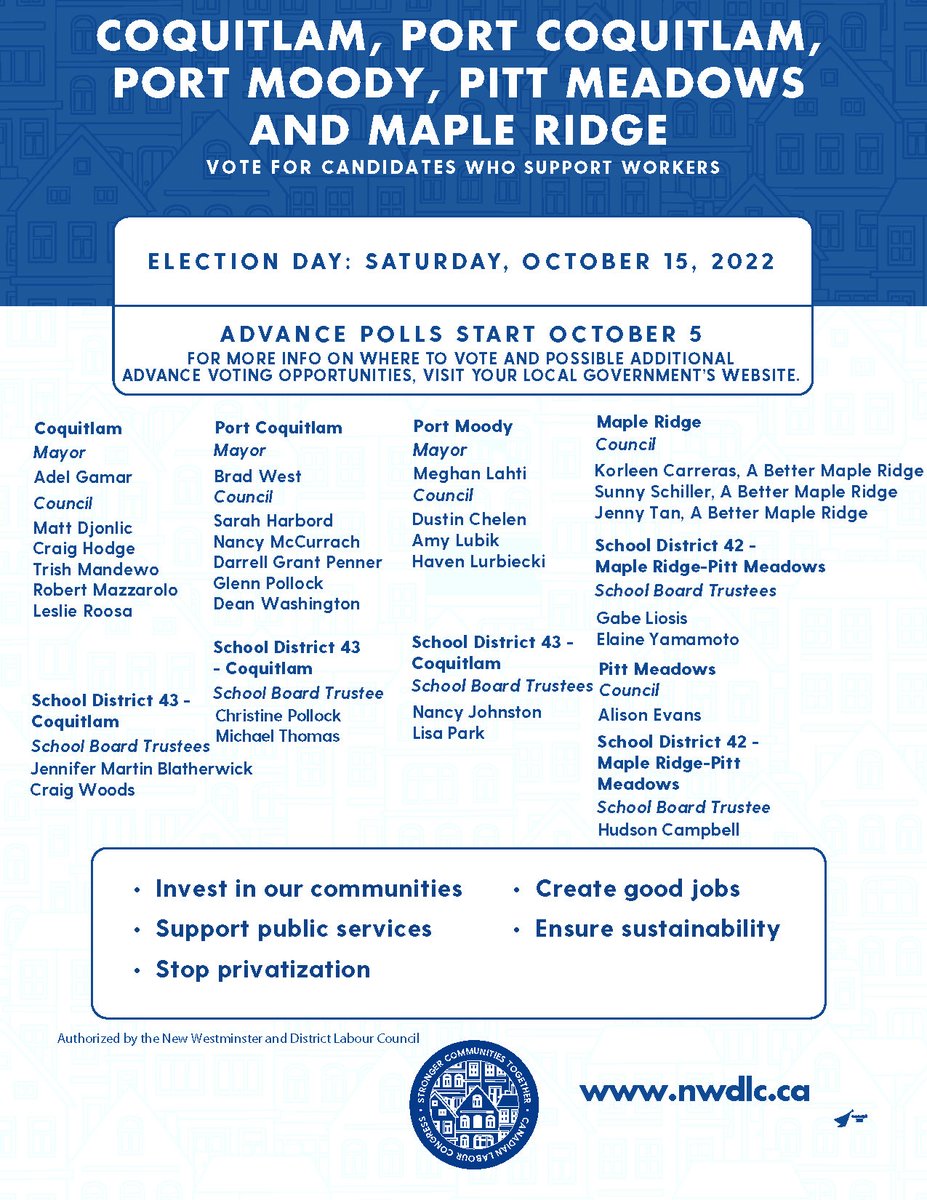 USWDistrict3's tweet photo. The B.C. municipal elections will be held on Saturday, October 15. Advance polls start October 5.
In Coquitlam, Port Coquitlam, Port Moody, Pitt Meadows and Maple Ridge, vote for candidates who support workers.
#WorkersVote #SteelworkersVote https://t.co/AijH08A1GQ