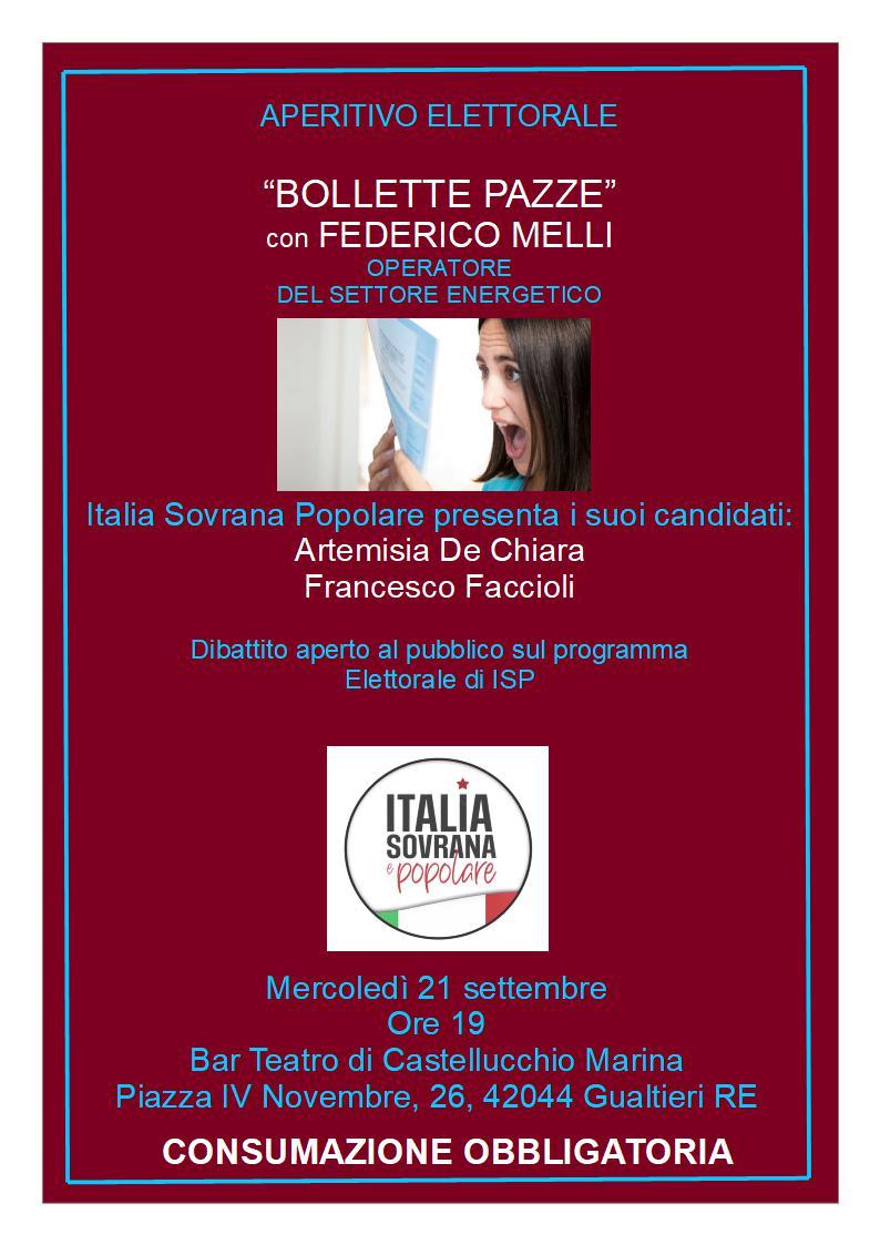 Domani evento imperdibile a #Gualtieri : "BOLLETTE PAZZE"
Insieme agli amici di #ItaliaSovranaePopolare 
#reggioemilia #ElezioniPolitiche22 #ElezioniPolitiche2022