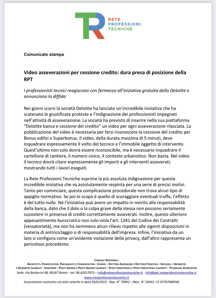 ingegnericl's tweet photo. #videoasseverazioni #bonus110
#OrdIngCL
⛔️Il Consiglio dell’Ordine condivide l’iniziativa da parte della #reteprofessioni tecniche e contesta fermamente le #videoasseverazioni imposte da #Deloitte poiché lesive dell’immagine degli #ingegneri, riduttive del ruolo e vessatorie. https://t.co/ppTHOBeUab