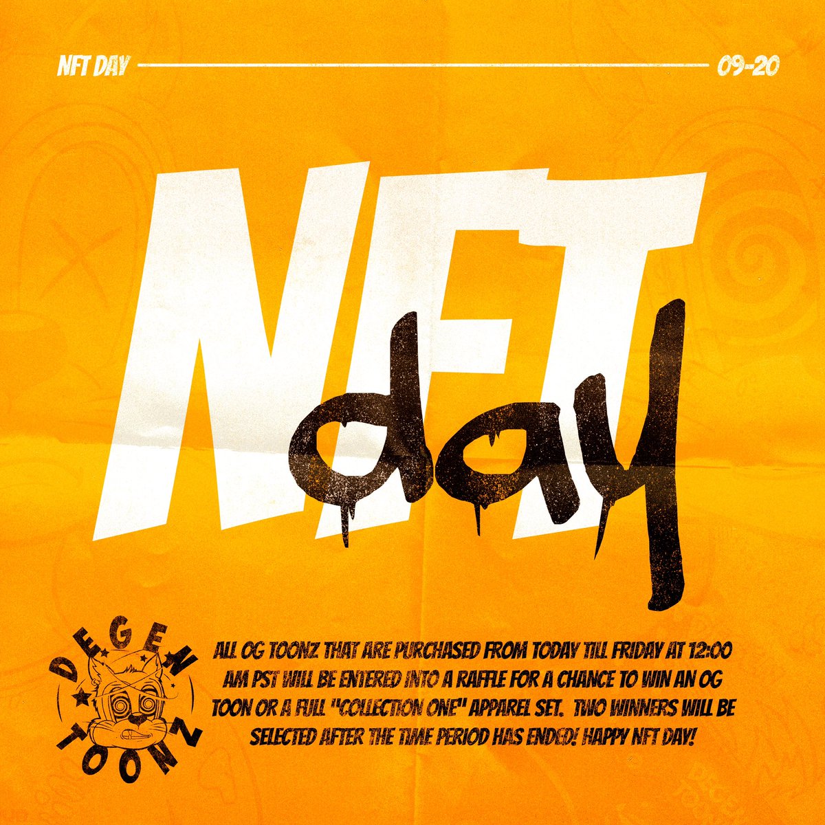 All OG TOONZ that are purchased from today until Friday at 12:00am PST will be entered into a raffle for a chance to win an OG TOON or a Set of our Apparel Collection!

Two Winners will be selected and announced Friday at 5:00pm PST

*Apparel based on availability.

Happy #NFTDAY