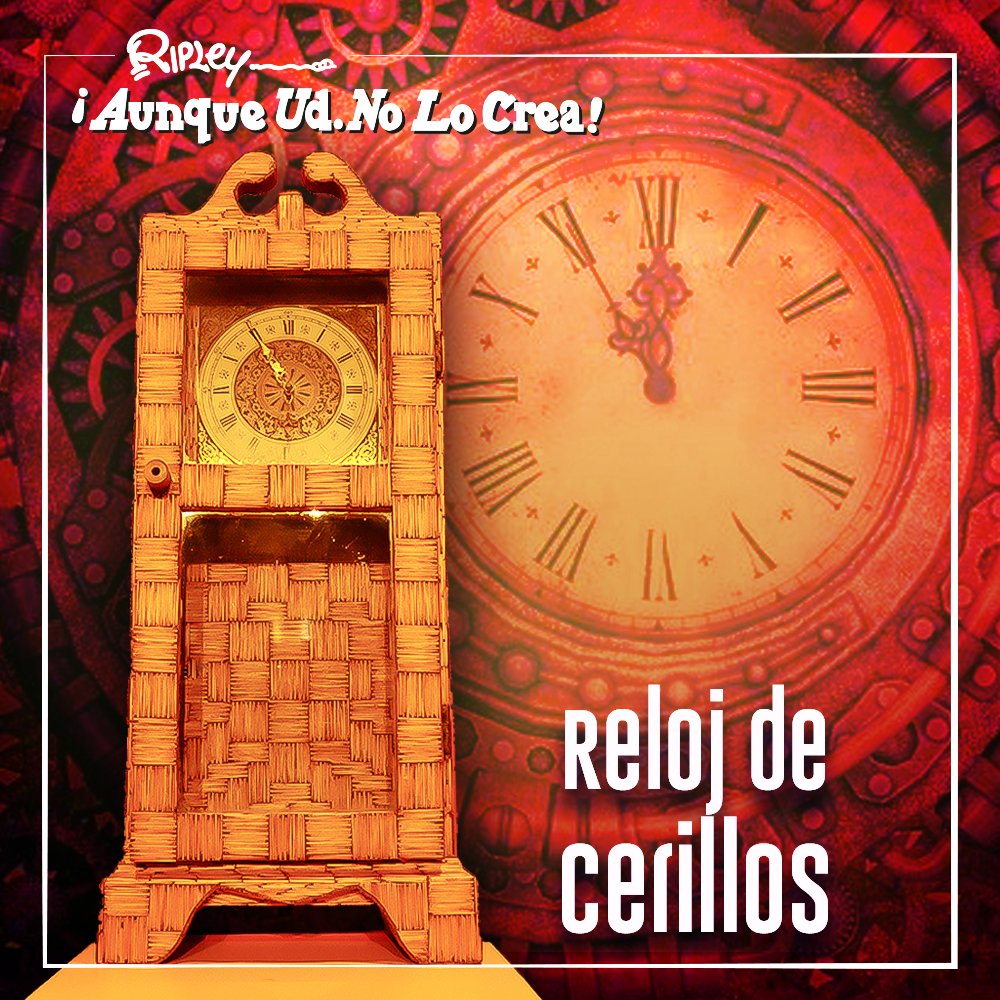 museoripley's tweet photo. Reciclar los cerillos que usaste en el día podría ayudarte a crear una obra de arte. #AunqueUstedNoLoCrea, 
este reloj está hecho de cerillos 
usados. ¡Puedes verlo a detalle en el #MuseodeRipley! #CDMX #museoscdmx https://t.co/lQL0wtP26u