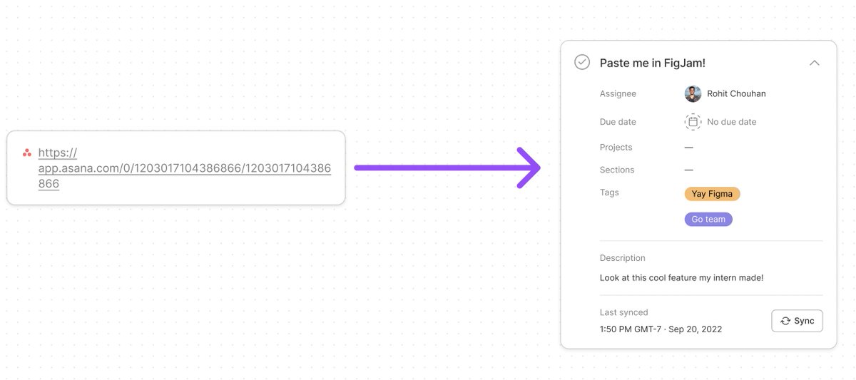 ro_chouhan's tweet photo. Did you know pasted Asana and Jira links will automatically paste as a @figma widget now?? My intern made that 😎 https://t.co/3l3HaEkAYm